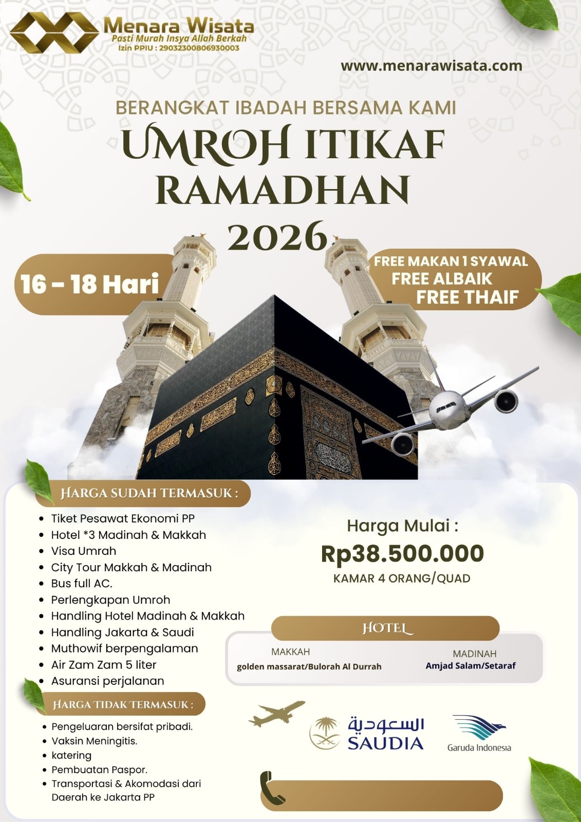 Paket Umroh Itikaf Ramadhan 2026 Selama 16-18 Hari