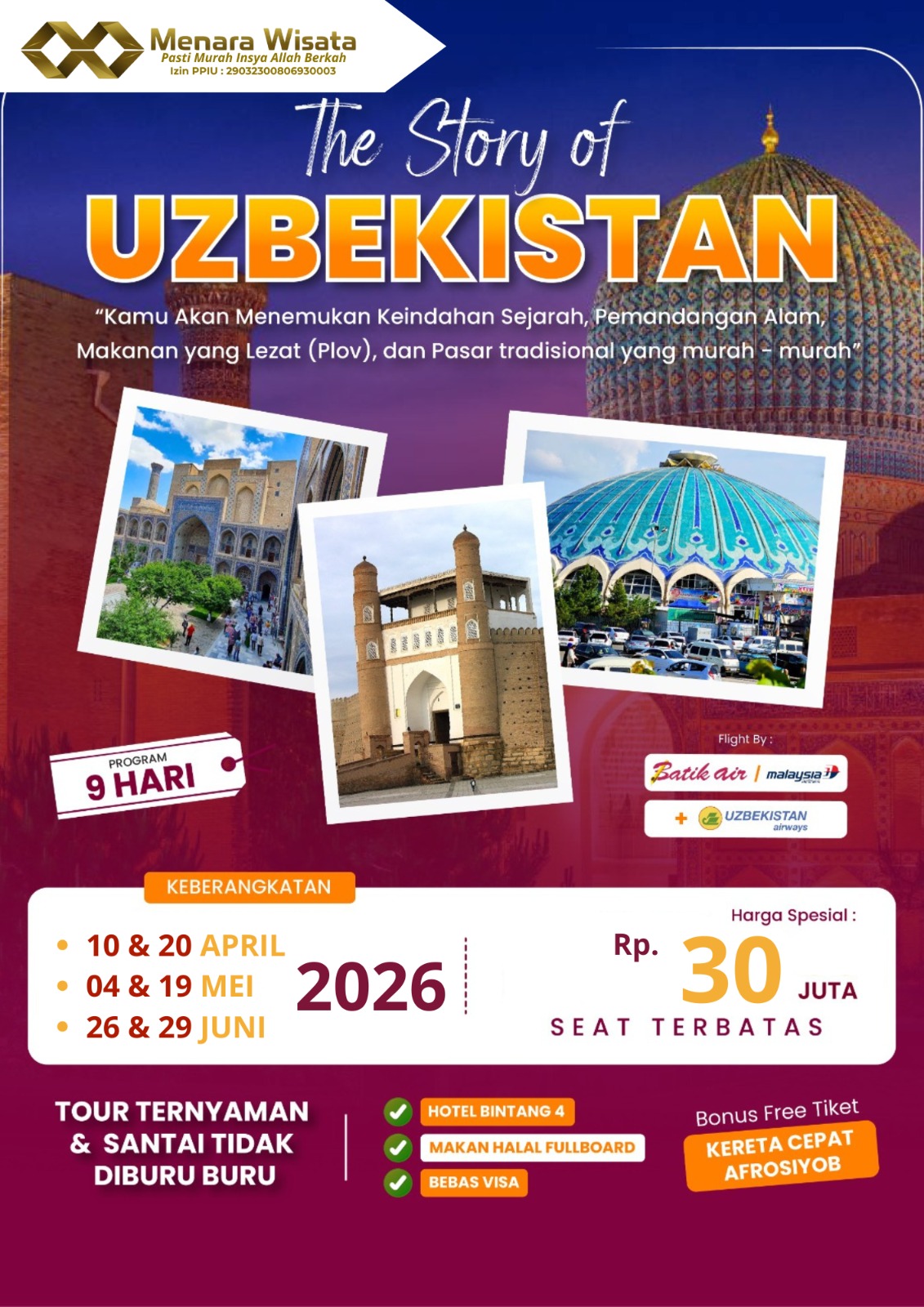 WISATA HALAL UZBEKISTAN 9 HARI APRIL-MEI-JUNI 2026